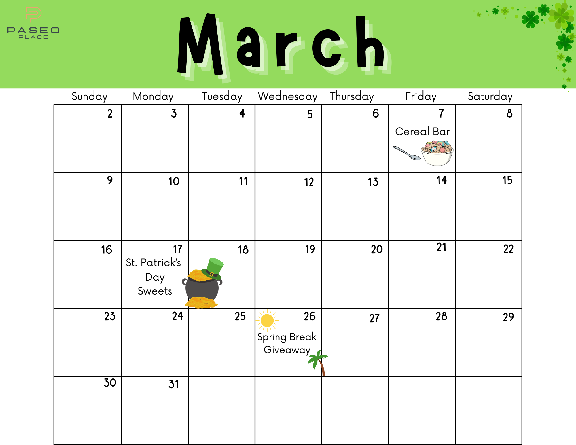 Paseo Place: March Events Calendar