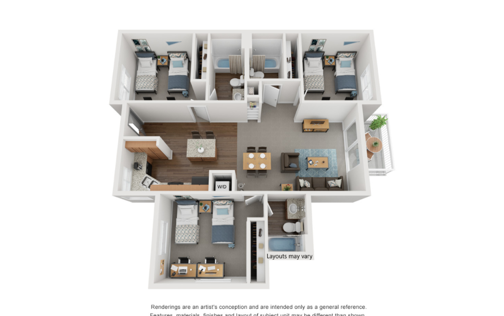 C1-Private - 3 bedroom floorplan layout with 3 bathrooms and 1278 square feet